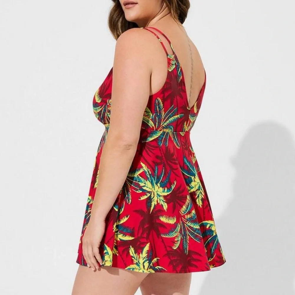 Torrid Red Tropical Shadow Retro Wireless Plunge Swim Dress Swimsuit 1X 14 16 - Picture 6 of 14